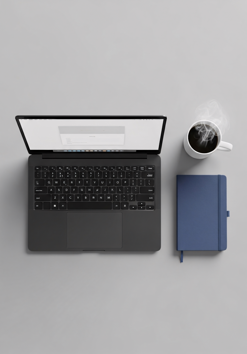 Mesa de trabalho com notebook, café e caderno, ambiente de um profissional de tecnologia